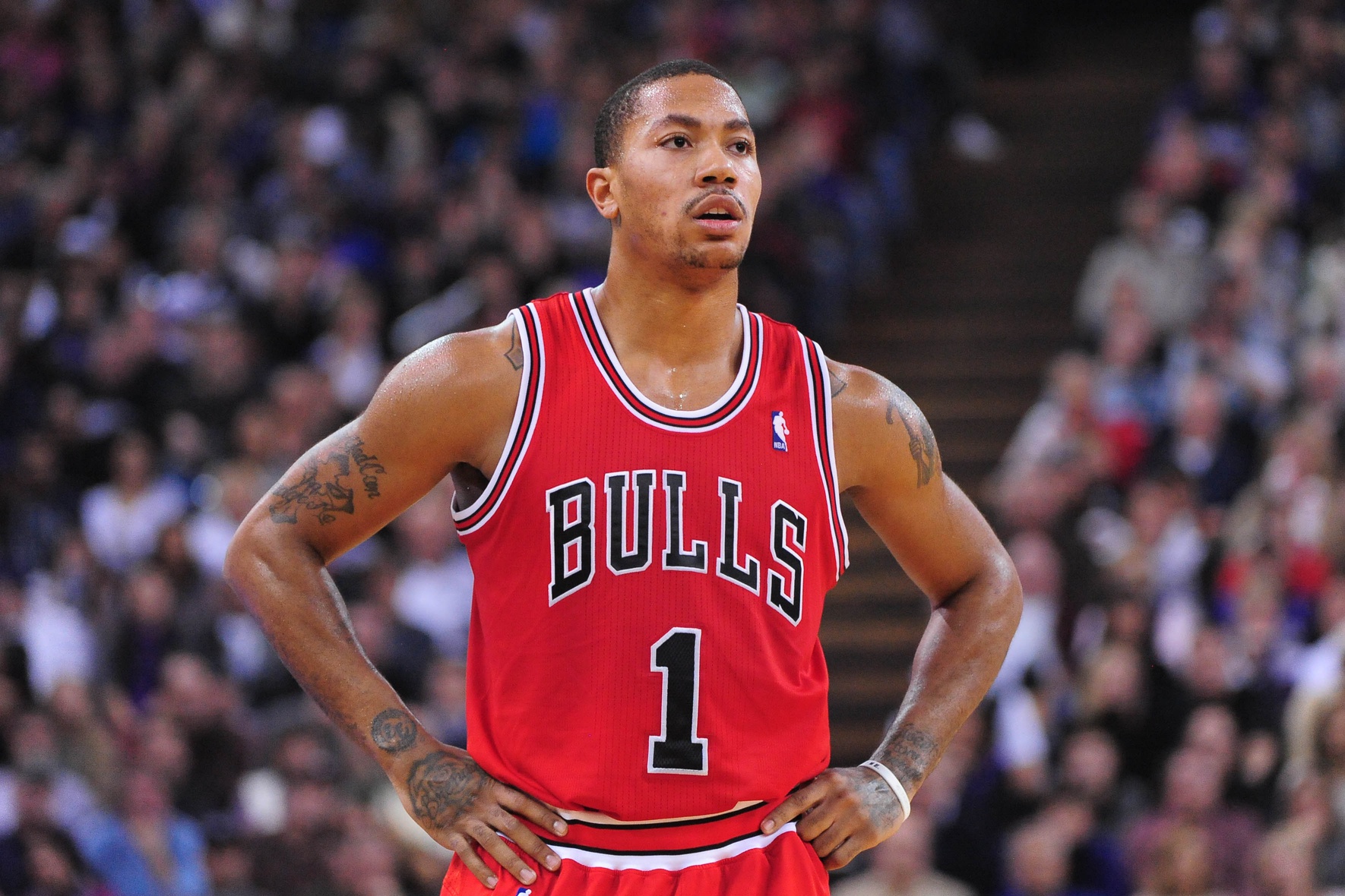 Chicago Bulls point guard Derrick Rose (1) rests between plays during the third quarter against the Sacramento Kings at Power Balance Pavilion. The Bulls defeated the Kings 108-98.